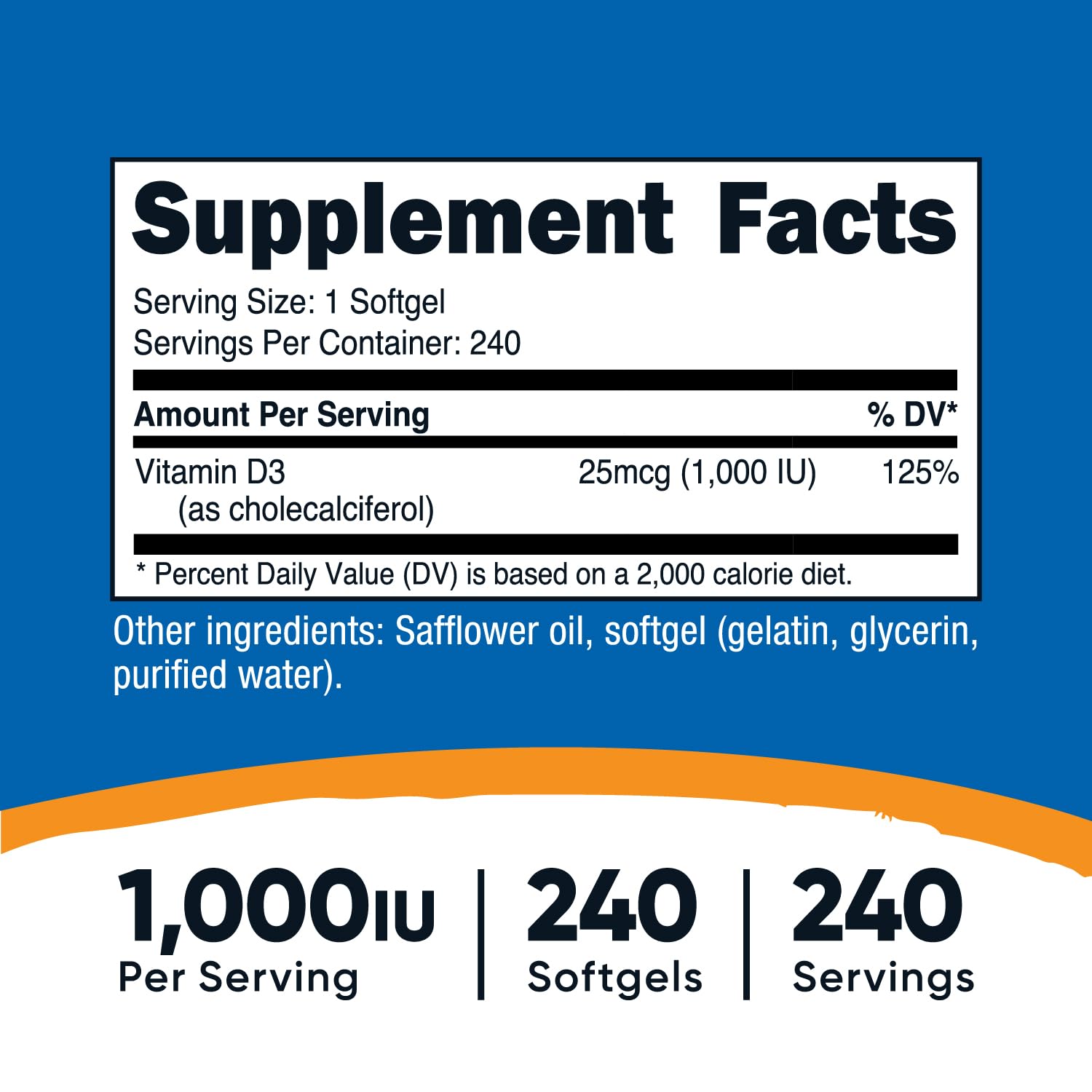 Nutricost Vitamin D3 1000 IU Softgels – 240 Softgels, Non-GMO & Gluten Free