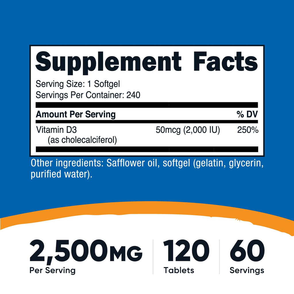 Nutricost Vitamin D3 2000 IU Softgels – 240 Softgels – Non-GMO & Gluten Free