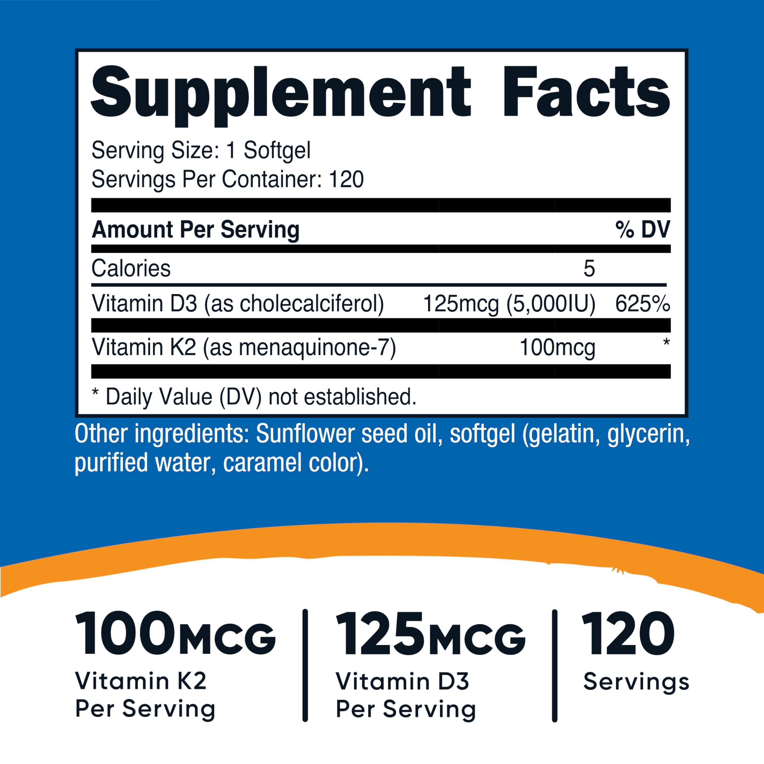 Nutricost Vitamin K2 MK7 100 mcg + Vitamin D3 5000 IU | 120 Softgels | Gluten Free, Non-GMO