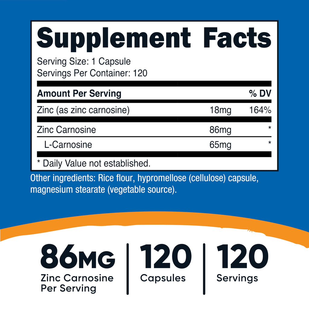 Nutricost Zinc Carnosine 86mg - 120 Capsules | Non-GMO & Gluten Free