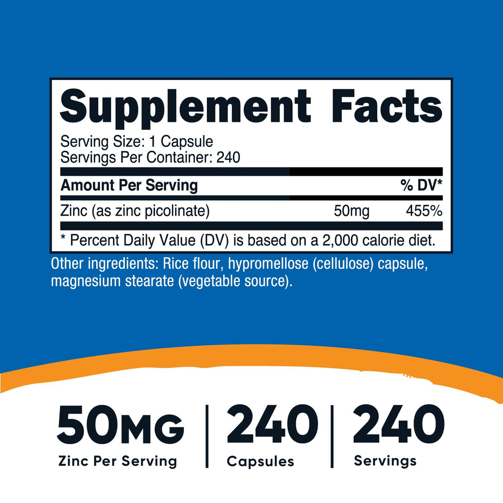 Nutricost Zinc Picolinate 50mg – 240 Vegetarian Capsules | Gluten Free & Non-GMO