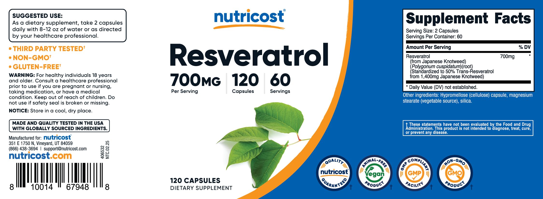 Nutricost Resveratrol 700mg - 120 Capsules | Vegan, Gluten Free, Non-GMO