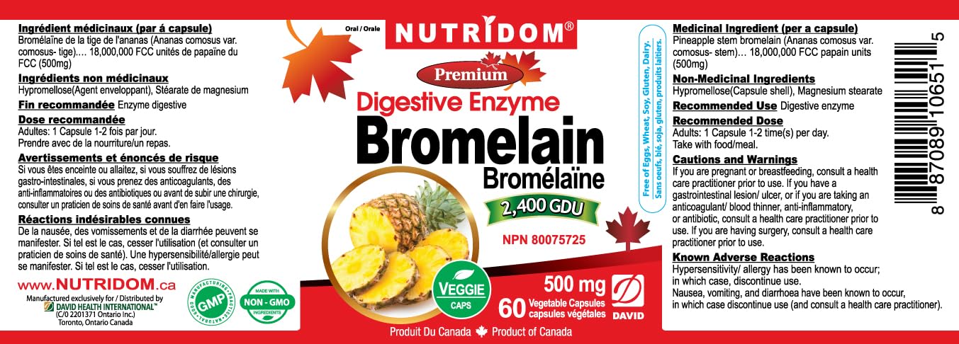 Nutridom Bromelain Digestive Enzyme Pineapple Supplements, 2400 GDU, 500mg, Non-GMO, Vegan, Free of Gluten, Soy & Dairy (60 Count)
