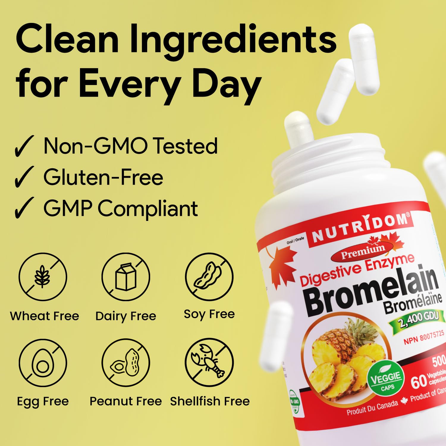 Nutridom Bromelain Digestive Enzyme Pineapple Supplements, 2400 GDU, 500mg, Non-GMO, Vegan, Free of Gluten, Soy & Dairy (60 Count)