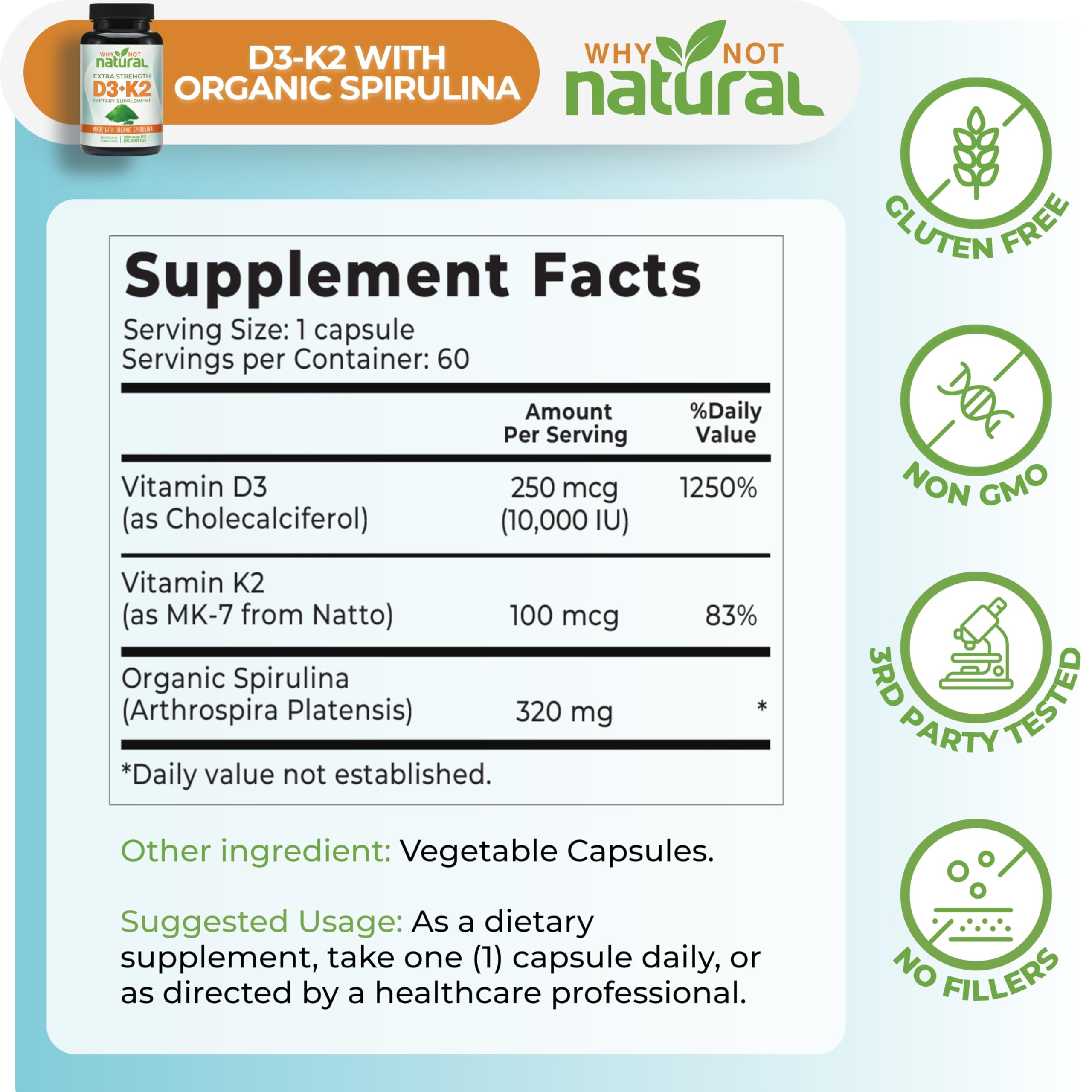Vitamin D3 K2 (MK-7) with Organic Spirulina – 10,000 IU Veggie Capsules for Bone Health & Immunity