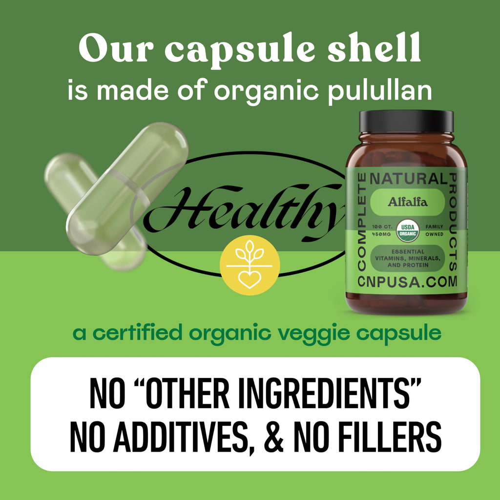 Pure Alfalfa Leaf Capsules 450mg - 100 Vegan, Organic | Complete Natural Products