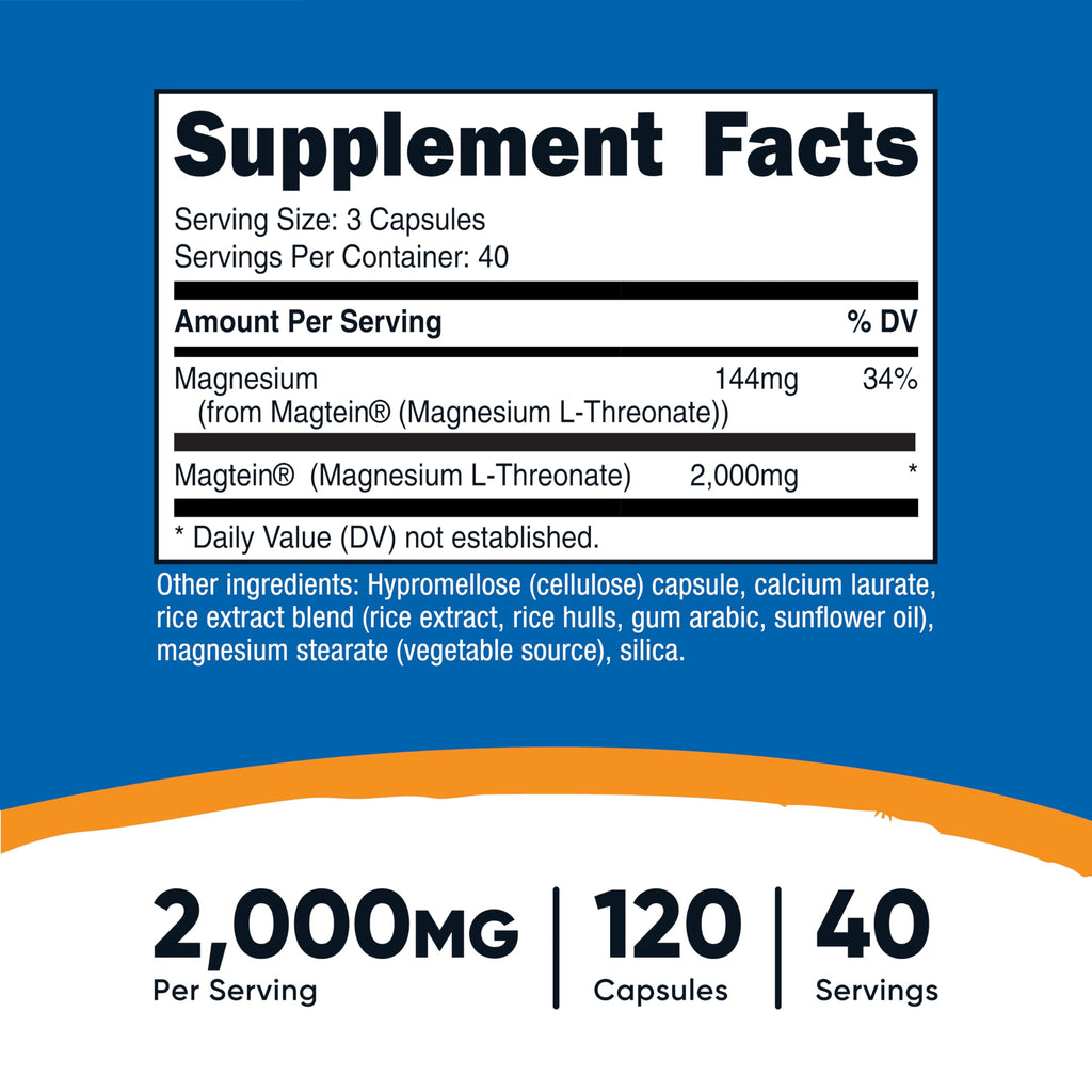 Nutricost Magnesium L-Threonate (Magtein) 2000mg – 120 Capsules – Non-GMO, Gluten Free, Vegetarian Friendly