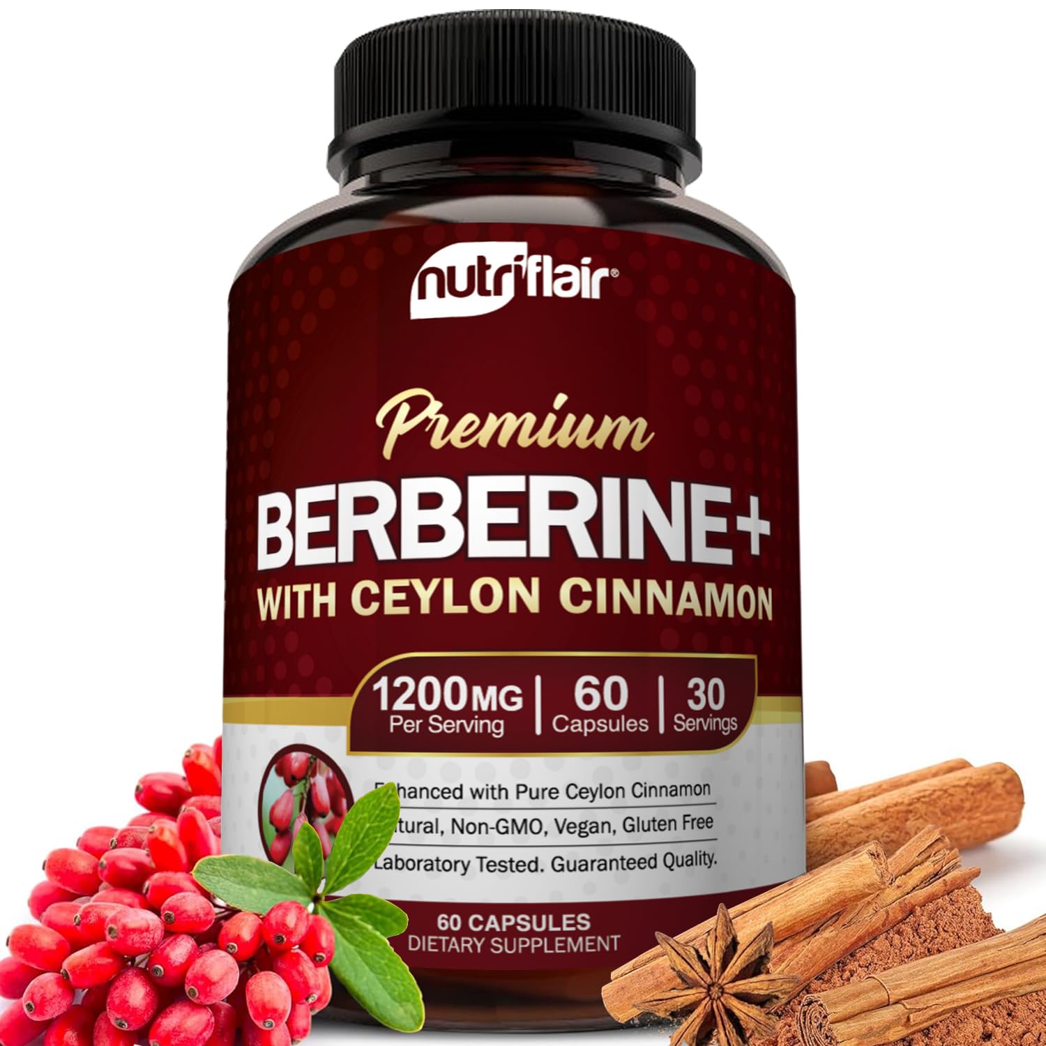 NutriFlair Berberine HCL 1200mg + True Ceylon Cinnamon | 60 Capsules - Immune & Metabolic Support