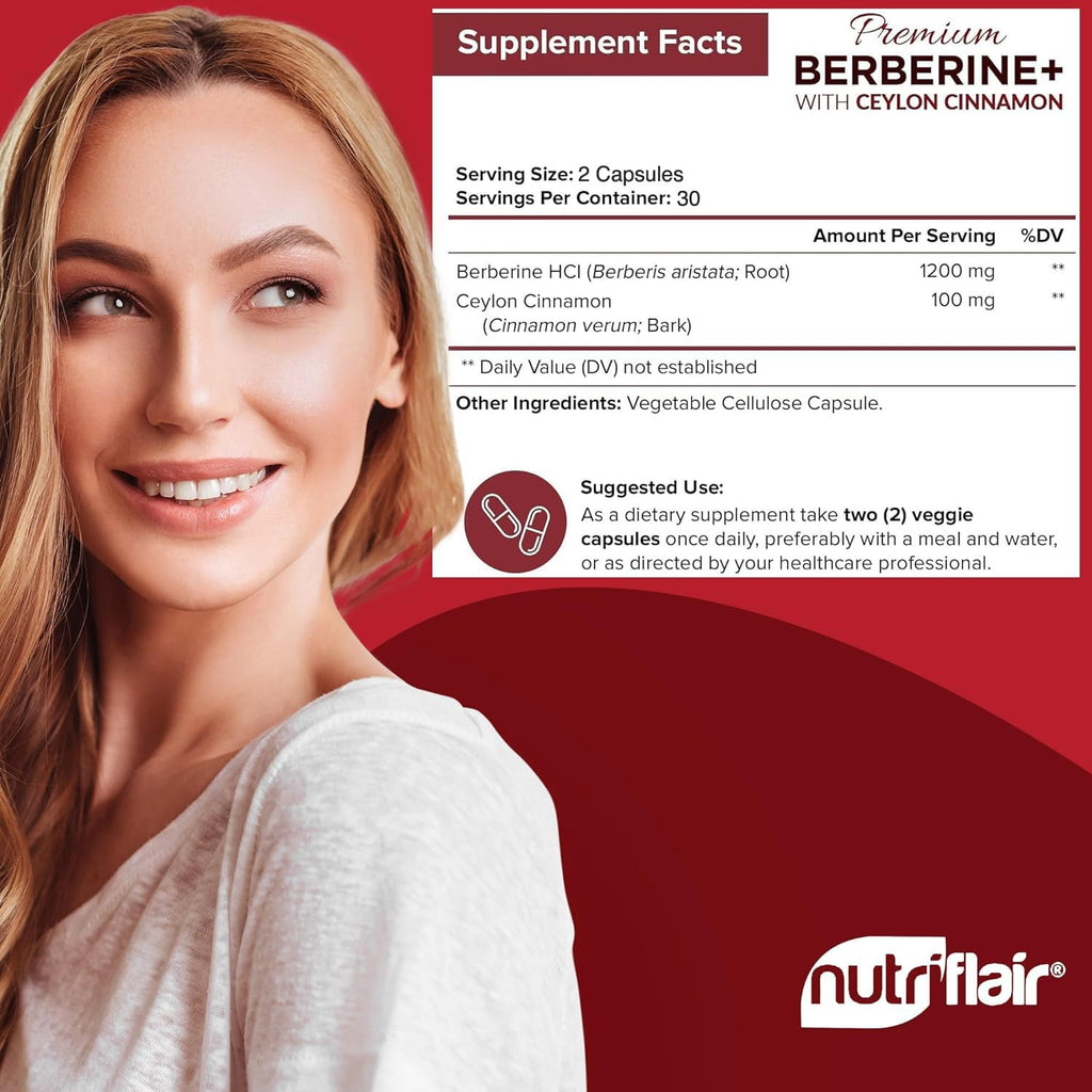 NutriFlair Berberine HCL 1200mg + True Ceylon Cinnamon | 60 Capsules - Immune & Metabolic Support