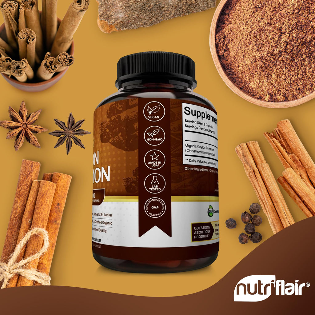 NutriFlair Organic Ceylon Cinnamon – 1200mg per Serving, 180 Capsules | Joints, Inflammation, Antioxidant