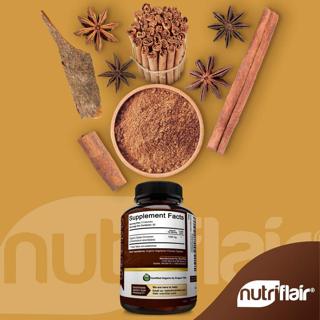 NutriFlair Organic Ceylon Cinnamon – 1200mg per Serving, 180 Capsules | Joints, Inflammation, Antioxidant