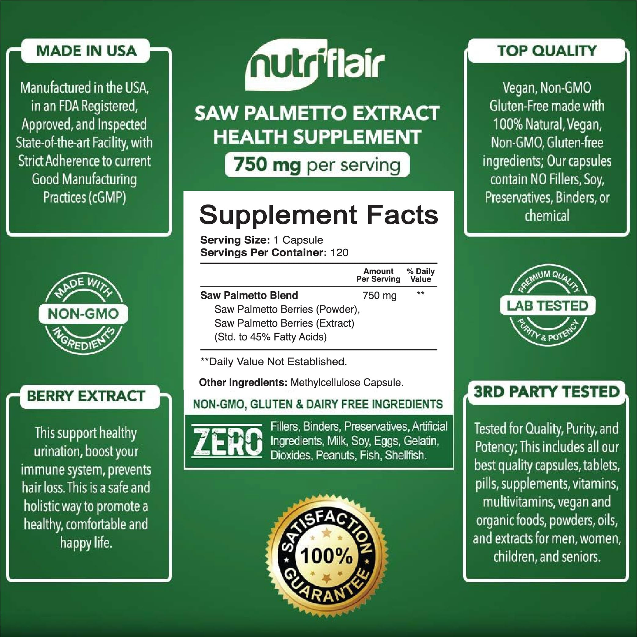 NutriFlair Saw Palmetto 750mg – Prostate Health & Hair Support (120 Capsules)