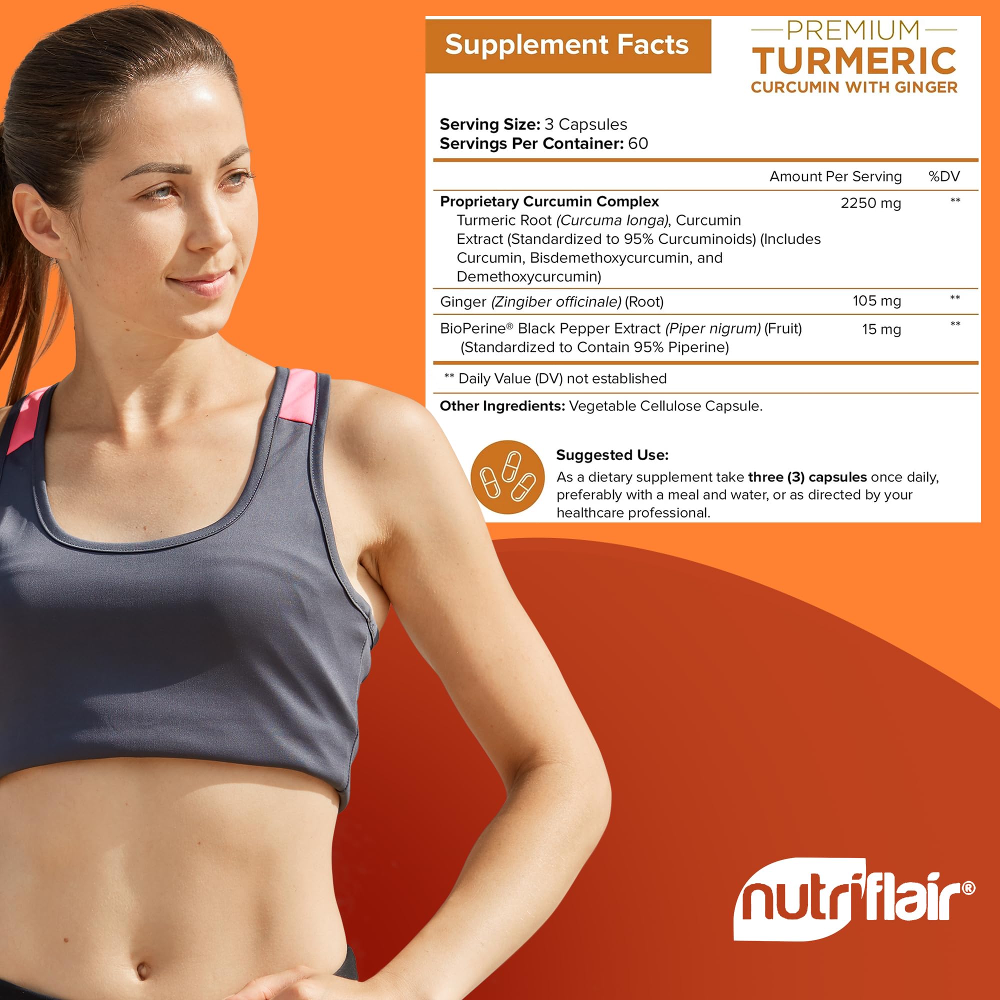 NutriFlair Turmeric Curcumin 180 Caps with BioPerine & Ginger - Joint Support
