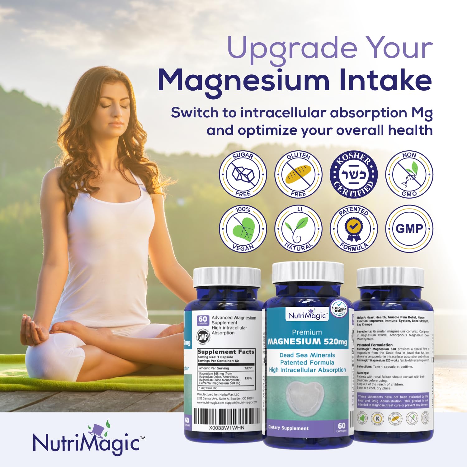 NutriMagic 520mg Patented High-Absorption Magnesium | Dead Sea Minerals 60 Capsules (2-Month)