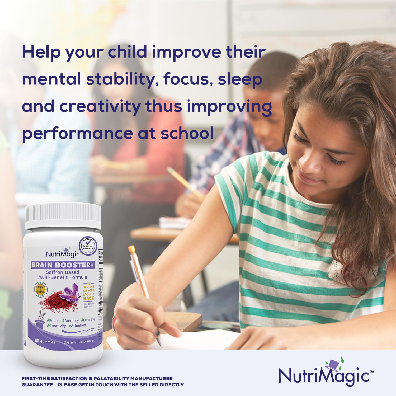 NutriMagic Brain Booster+ Kids Saffron Gummies – 30mg Saffron, D3, B6, B12, Zinc | Focus & Memory