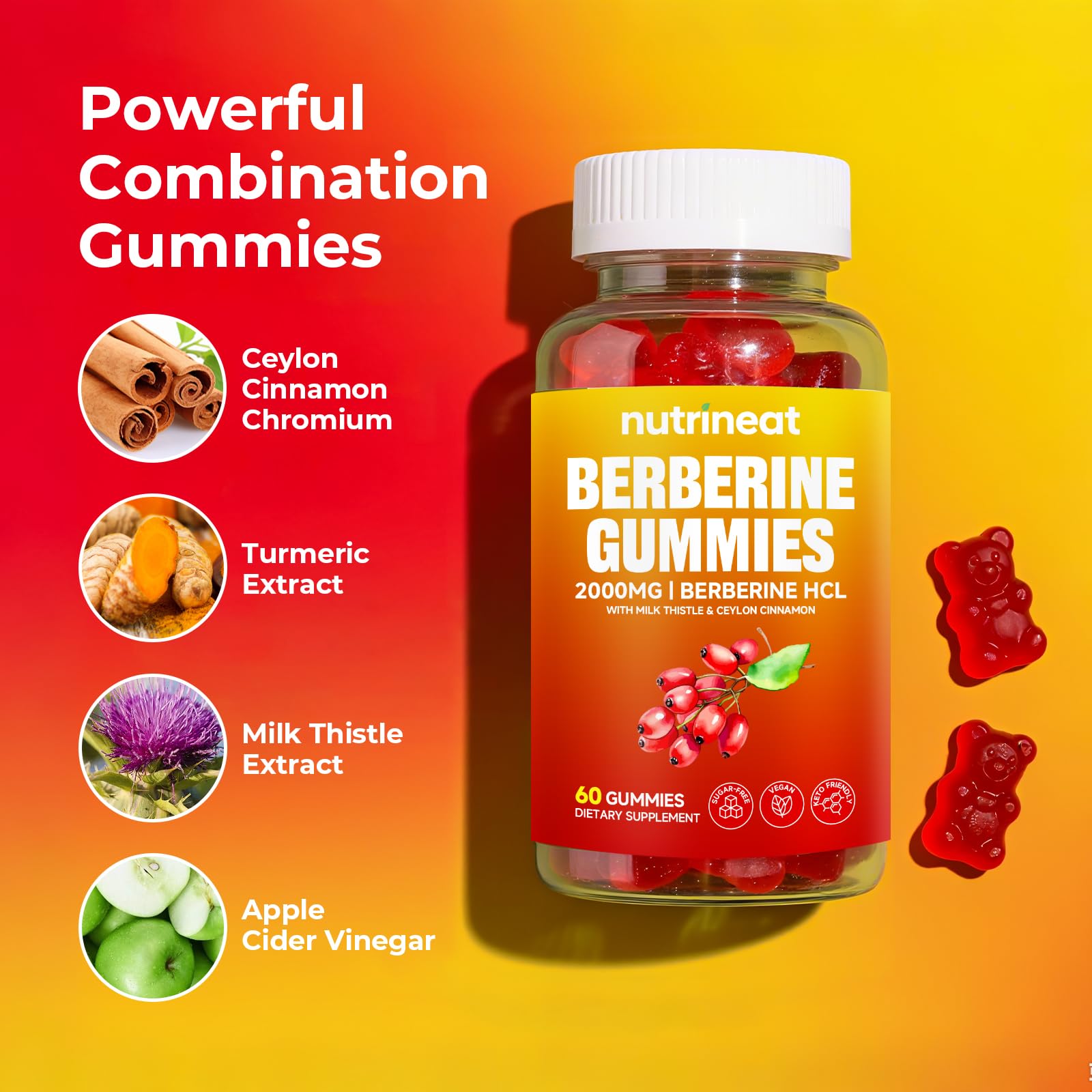 NutriNeat Berberine Gummies - 60 Count, 2000mg Berberine + Cinnamon & Milk Thistle
