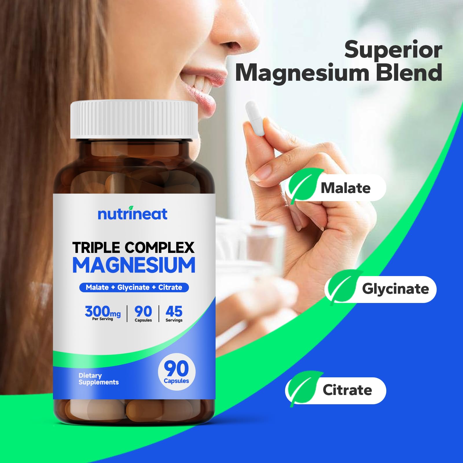 NutriNeat Triple Magnesium Complex – 90 Capsules | 300mg Mg Glycinate/Citrate/Malate | Vegan & Non-GMO