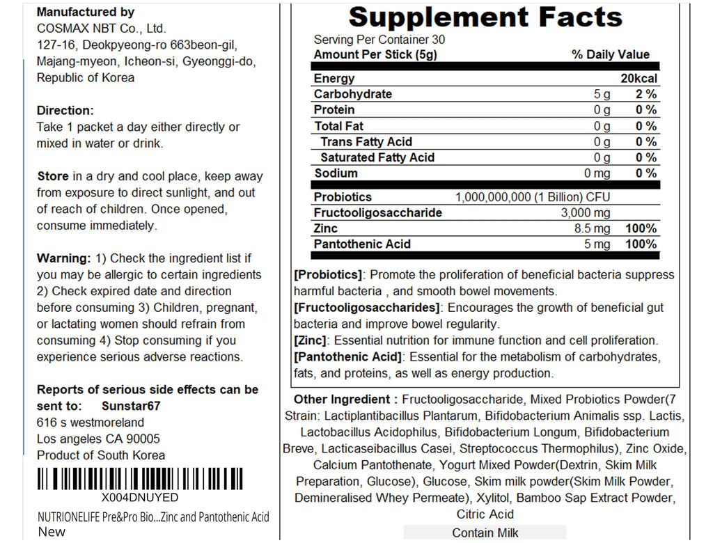 NUTRIONELIFE Pre&Pro Biotics – 1 Billion CFU Powder, Multi-Strain Korea Probiotics for Digestive Wellness, Zinc & Pantothenic Acid