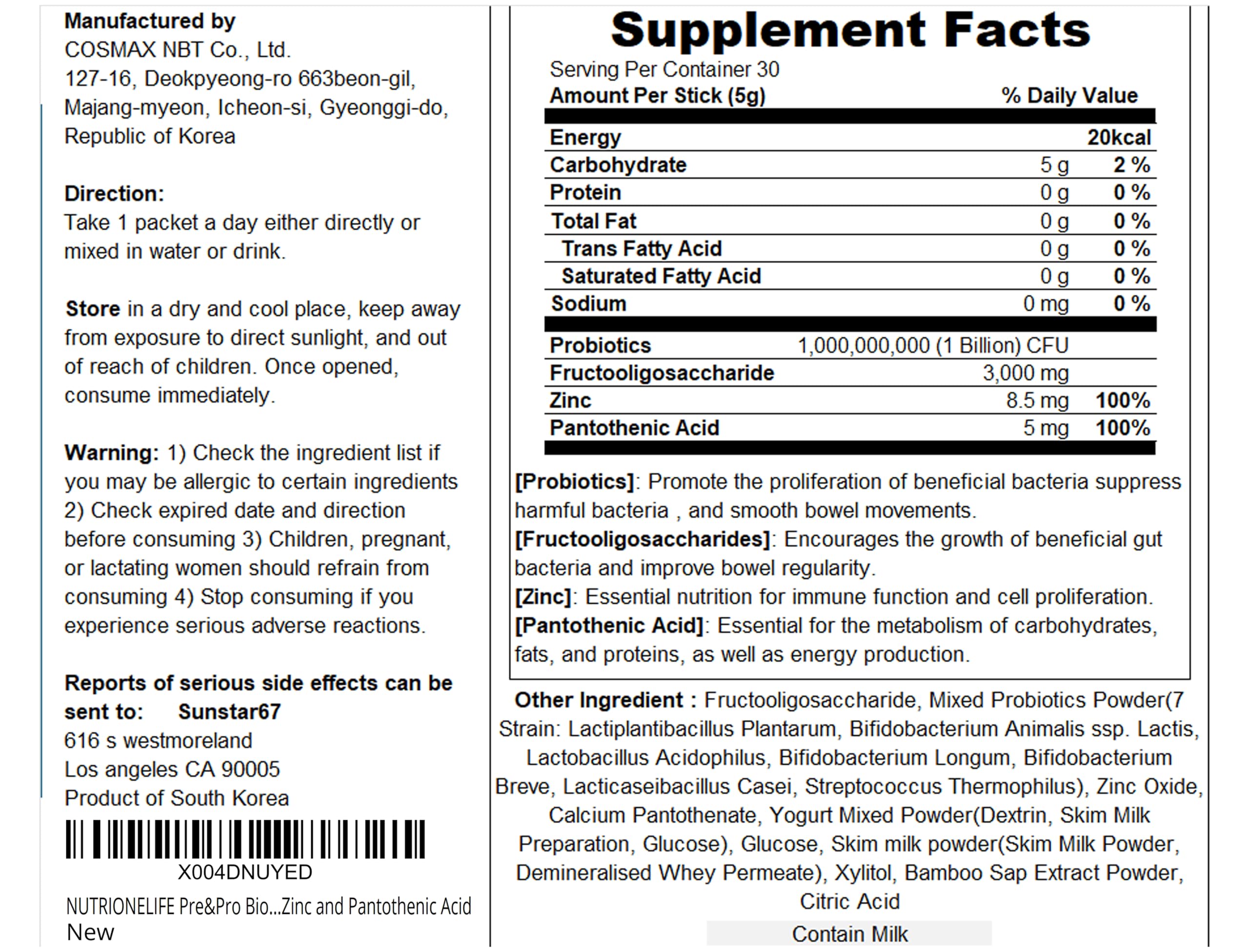NUTRIONELIFE Pre&Pro Biotics – 1 Billion CFU Powder, Multi-Strain Korea Probiotics for Digestive Wellness, Zinc & Pantothenic Acid