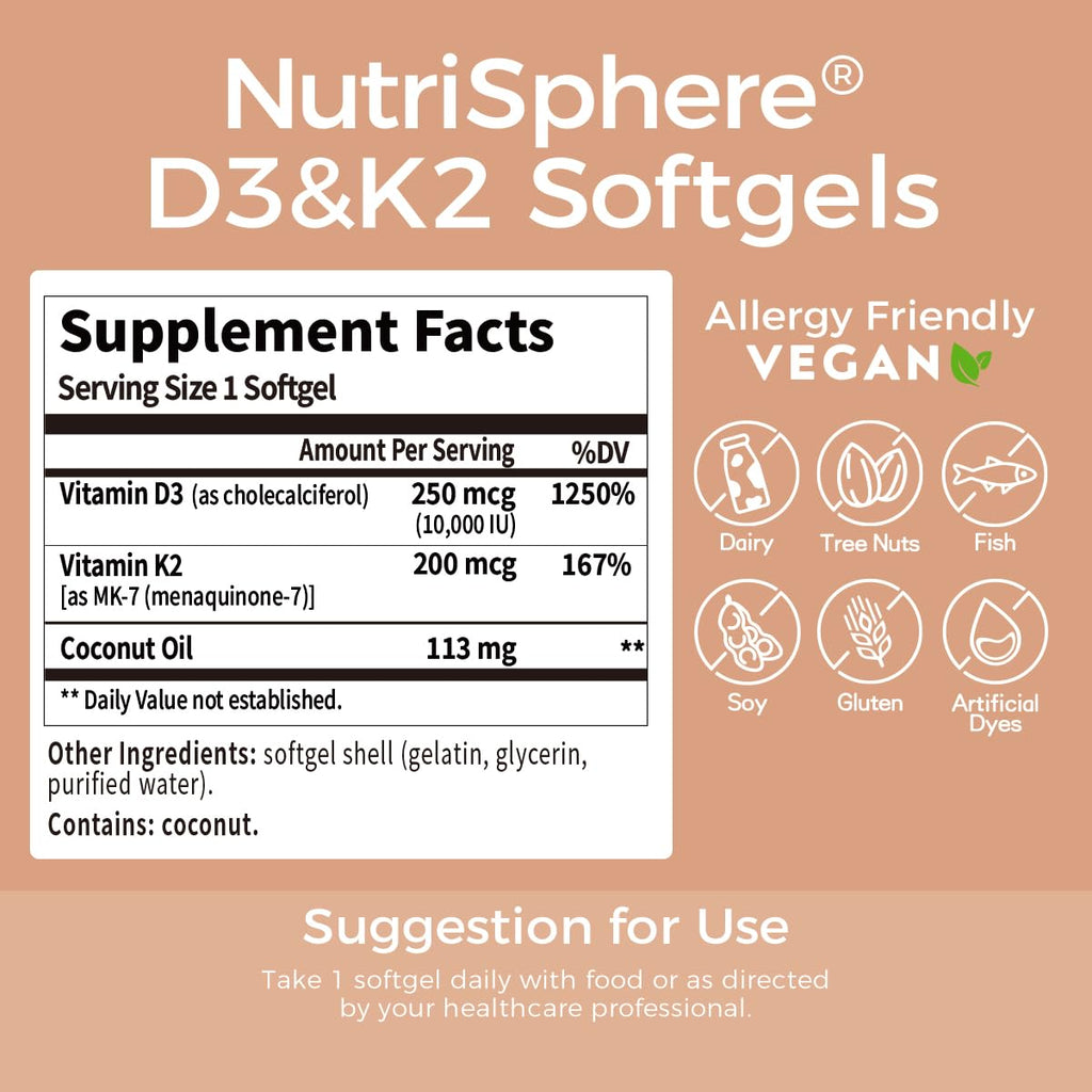 NutriSphere Vitamin D3 and K2 MK-7 – 365 Softgels, 10,000 IU D3 / 200 mcg K2 MK-7