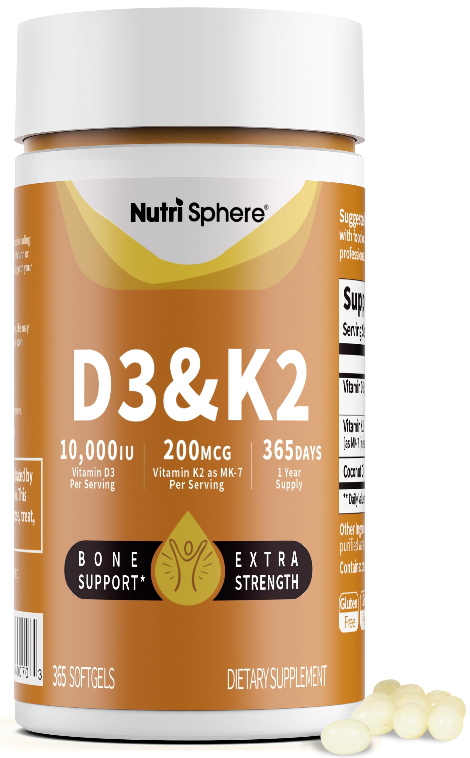 NutriSphere Vitamin D3 and K2 MK-7 – 365 Softgels, 10,000 IU D3 / 200 mcg K2 MK-7