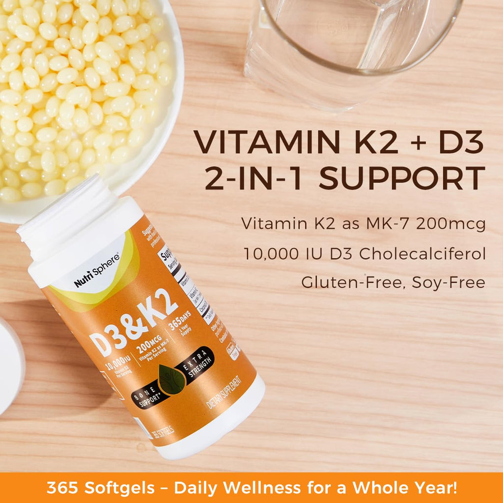 NutriSphere Vitamin D3 and K2 MK-7 – 365 Softgels, 10,000 IU D3 / 200 mcg K2 MK-7