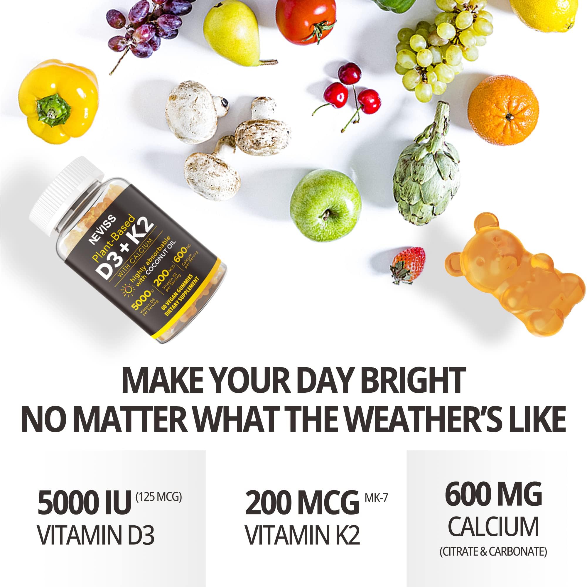 Vitamin D3 5000iu & K2 MK7 Gummies + Calcium – Vegan, High-Absorption 60 Count