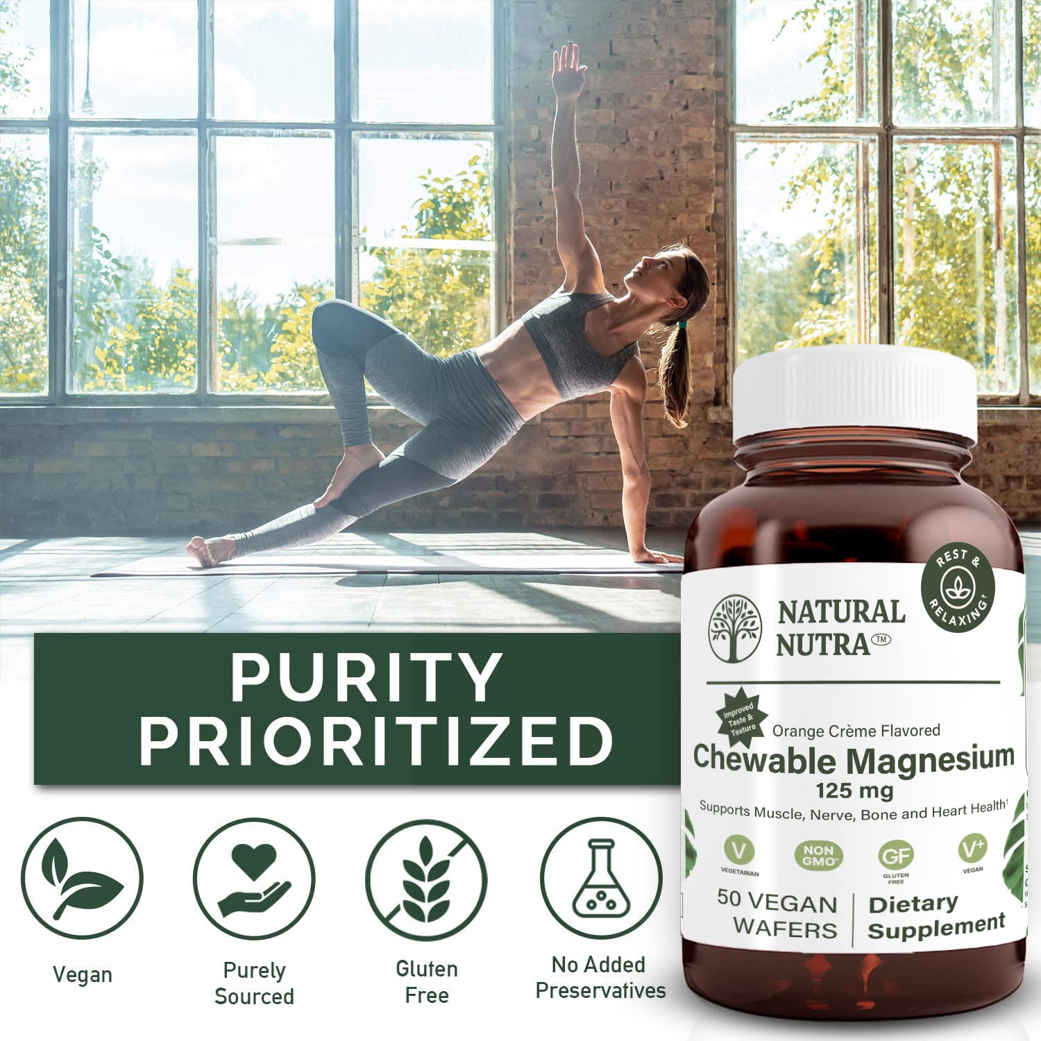 Natural Nutra Magnesium Chewable 125mg – 50 Vegan Wafers for Sleep, Muscle, Nerve, Bone & Heart Health