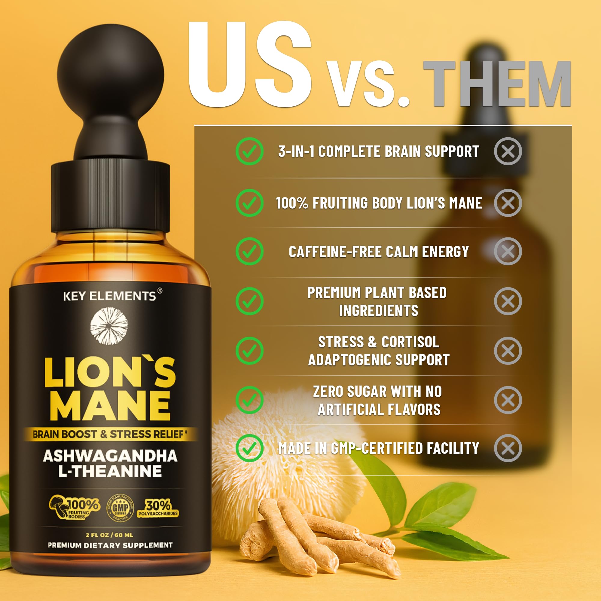 KEY ELEMENTS Lions Mane Extract for Memory, Focus & Brain Health – Tincture with Ashwagandha & L-Theanine