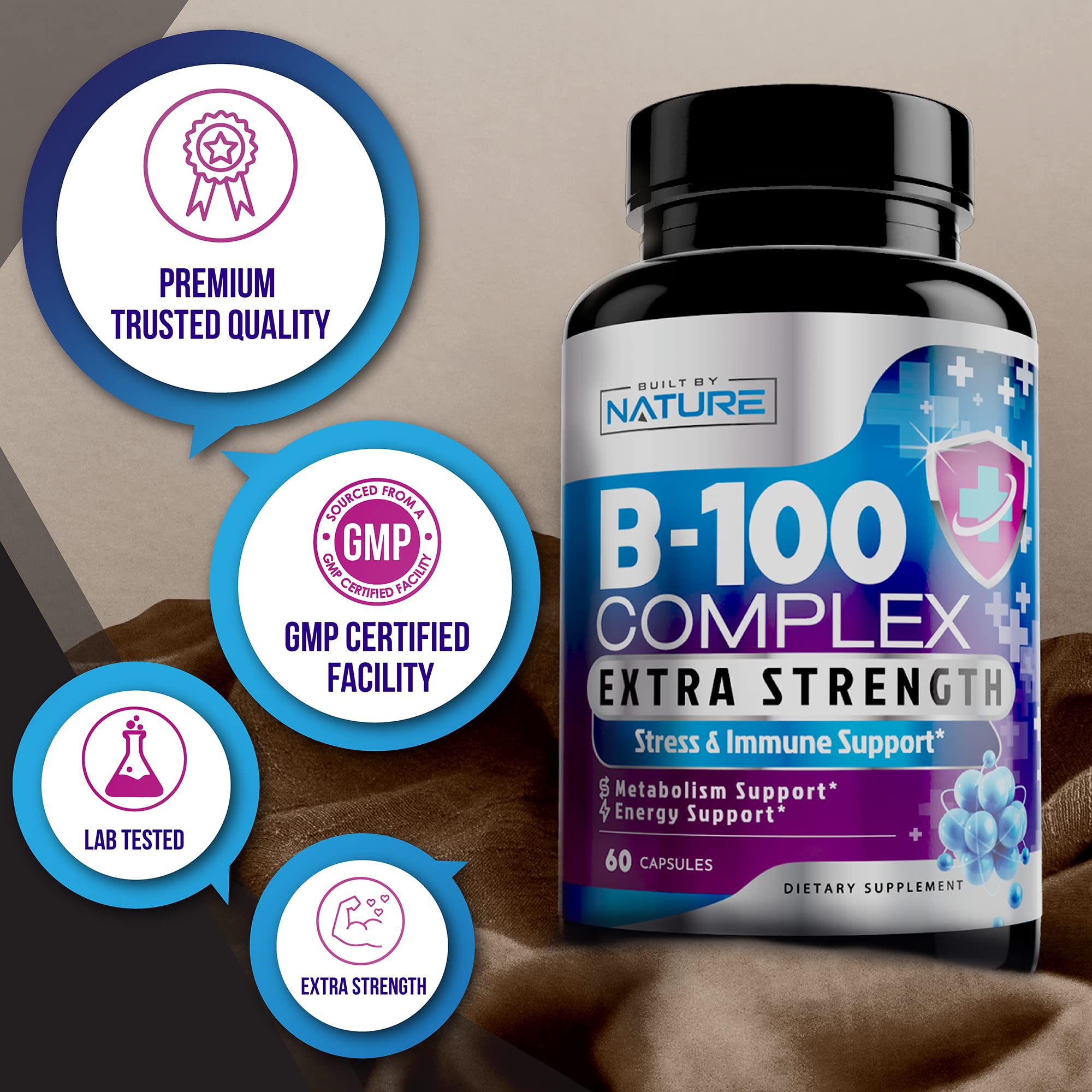 Vitamin B Complex + Vitamin C - Immune, Energy & Metabolism Support | 60 Caps | Vegan