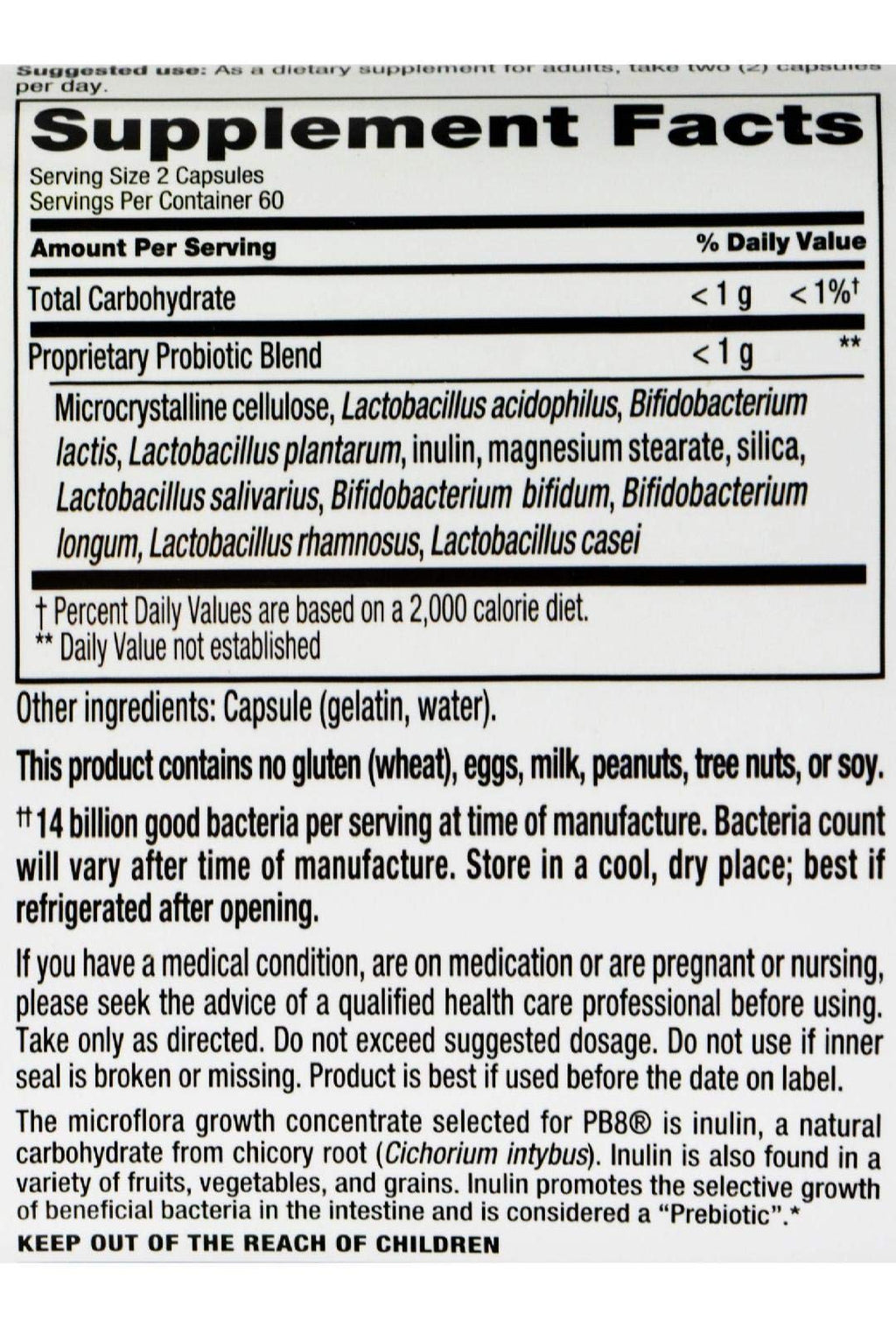 Nutrition Now Pb8 Acidophilus Original – 120 Count | 14 Billion CFU | Gluten Free