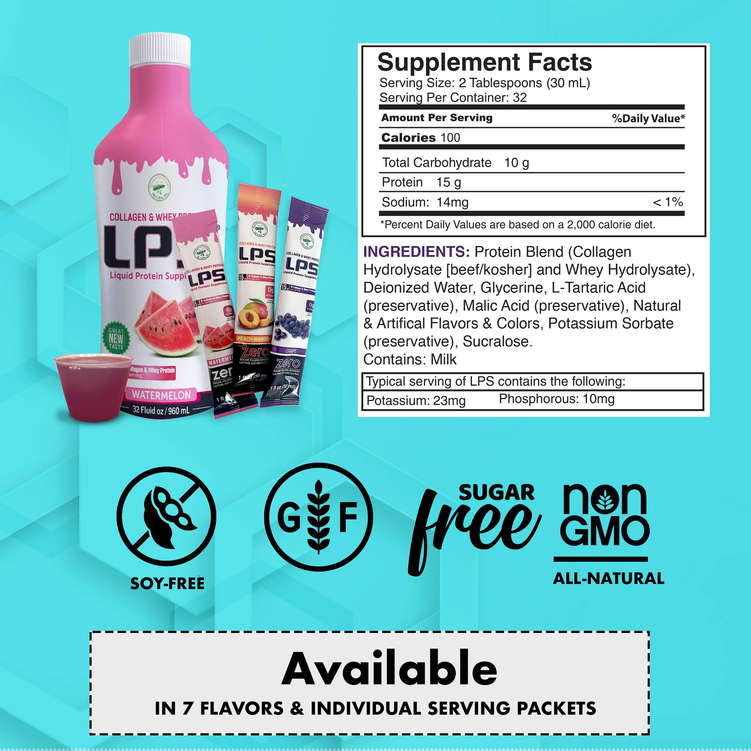 Nutritional Designs LPS Liquid Collagen & Whey Protein Supplement - Non-GMO, Sugar-Free, Grape, 100 Packets