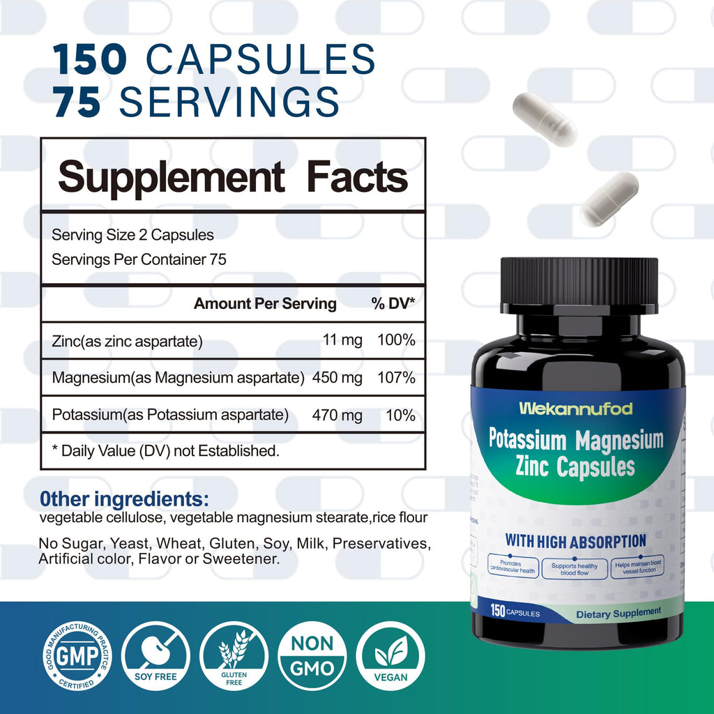 Potassium Magnesium Supplement - 150 Capsules | High Absorption Magnesium Complex
