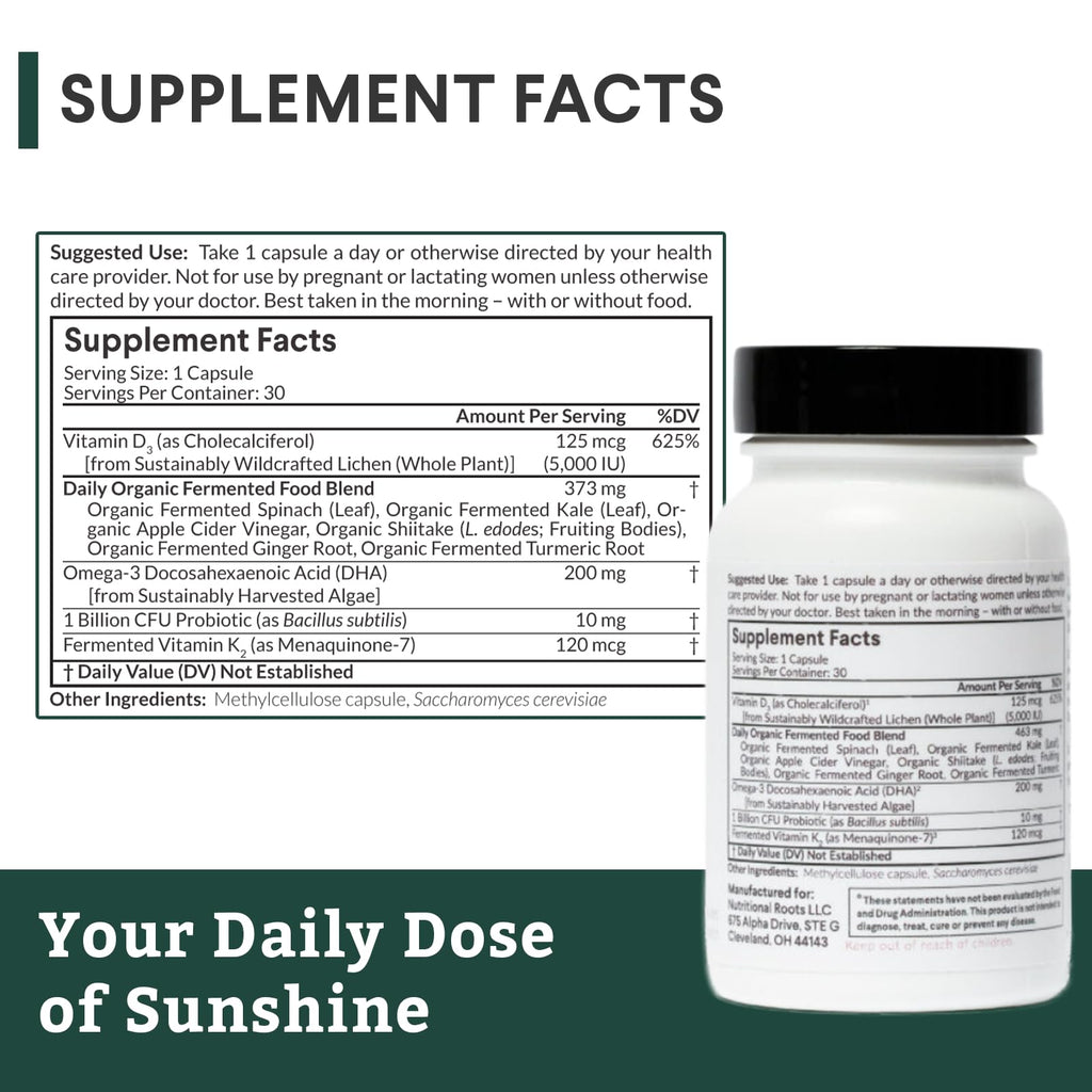 Nutritional Roots Vitamin D3 + K2 5000 IU, Probiotics 1B CFU, Algal DHA Omega-3 – Vegan Immune Support, 30 Capsules