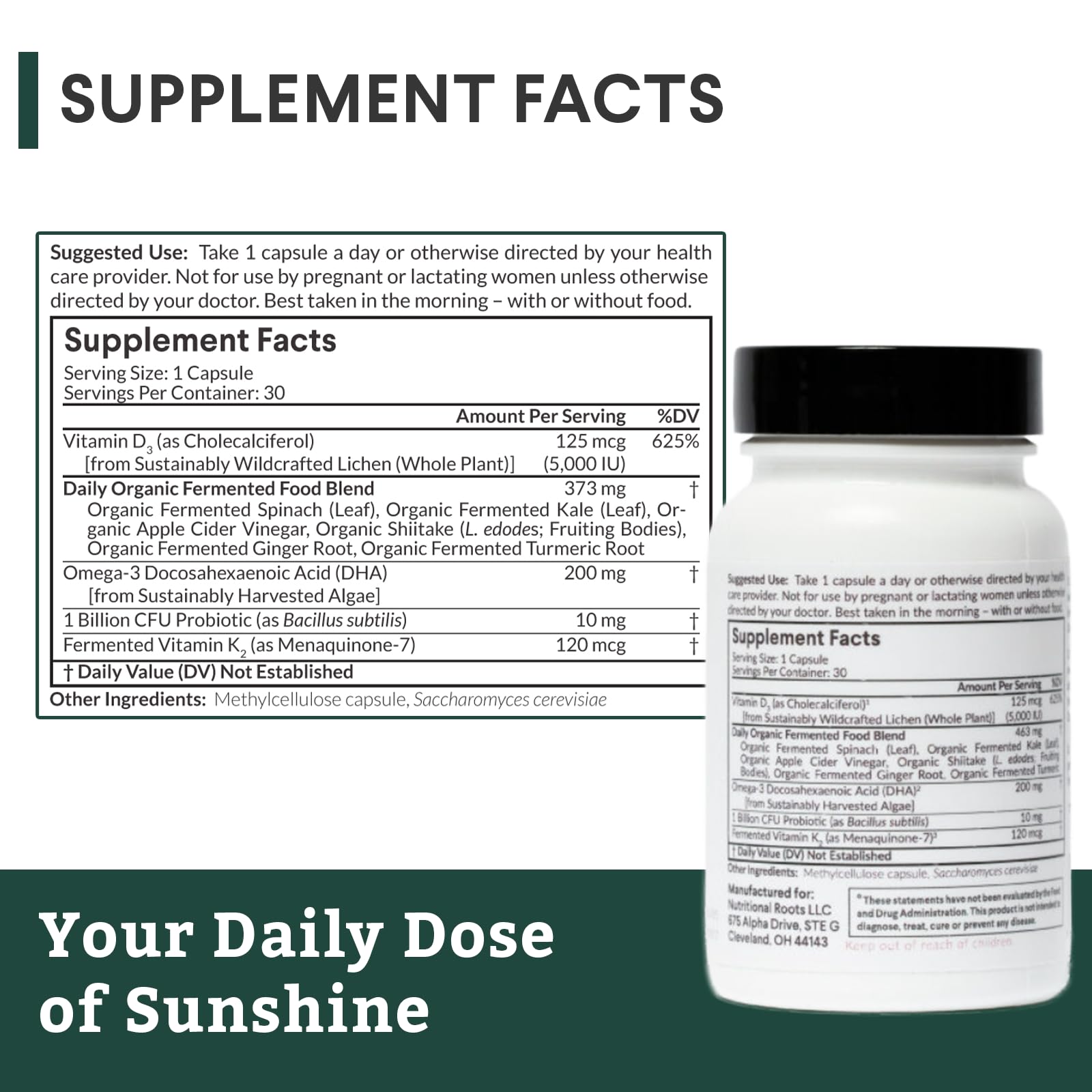 Nutritional Roots Vitamin D3 + K2 5000 IU, Probiotics 1B CFU, Algal DHA Omega-3 – Vegan Immune Support, 30 Capsules