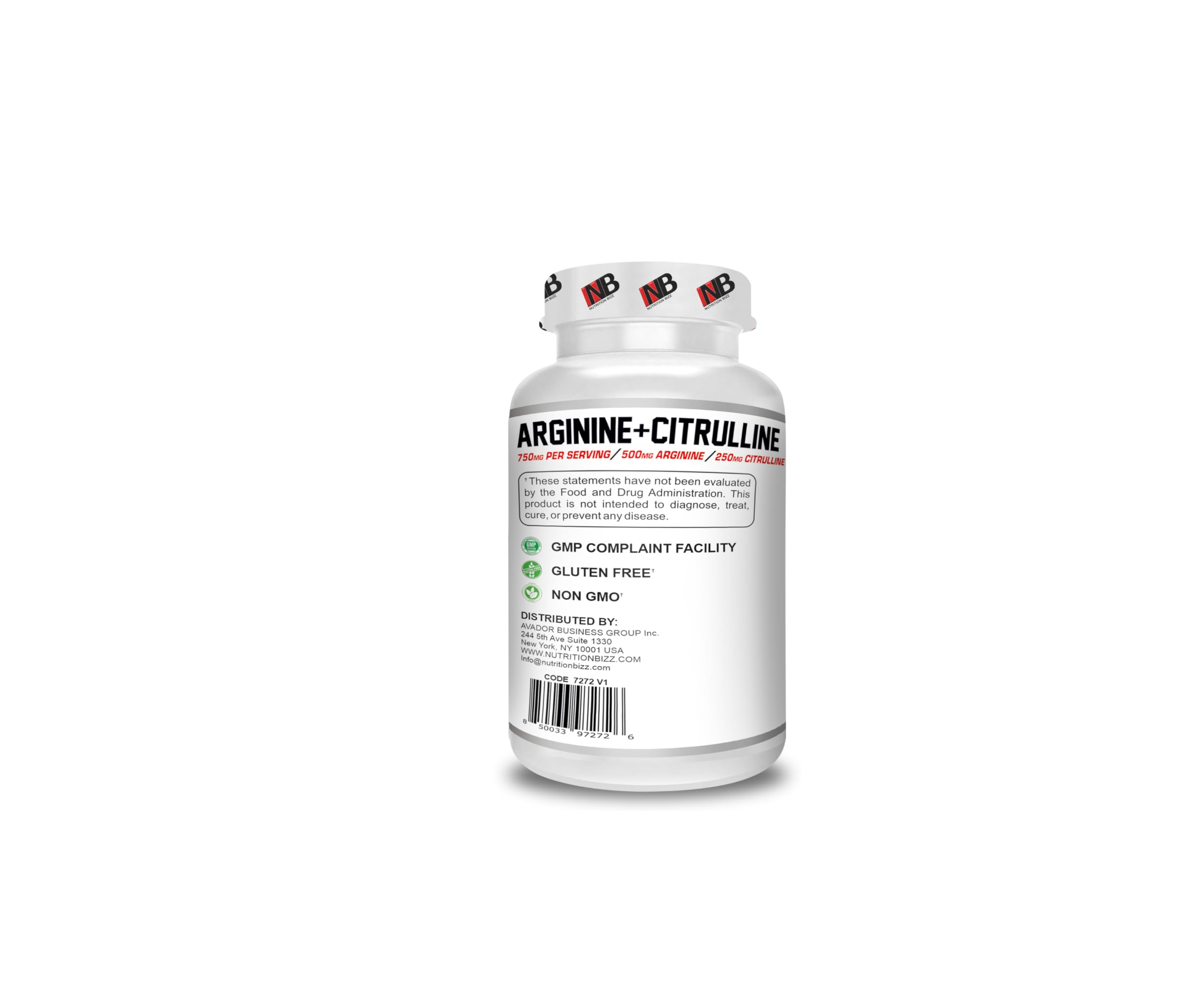 NutritionBizz Arginine & Citrulline 240 Caps – 750 mg per Serving (500 mg Arginine / 250 mg Citrulline)
