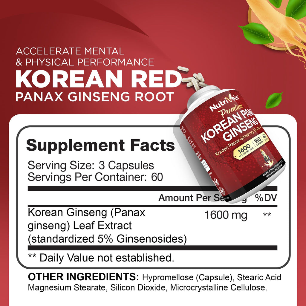 Nutrivein Korean Red Panax Ginseng 1600mg – Extra Strength Formula | 180 Capsules – Boost Energy, Focus & Immune Support