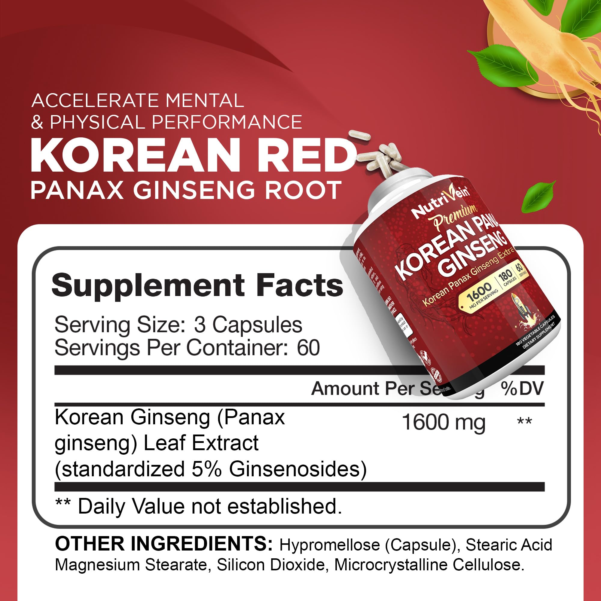 Nutrivein Korean Red Panax Ginseng 1600mg – Extra Strength Formula | 180 Capsules – Boost Energy, Focus & Immune Support