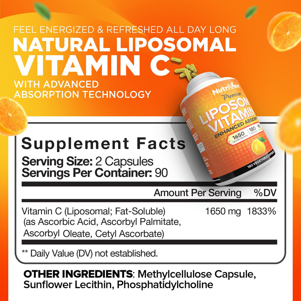 Nutrivein Liposomal Vitamin C 1650mg - 180 Caps | High-Absorption Vitamin C