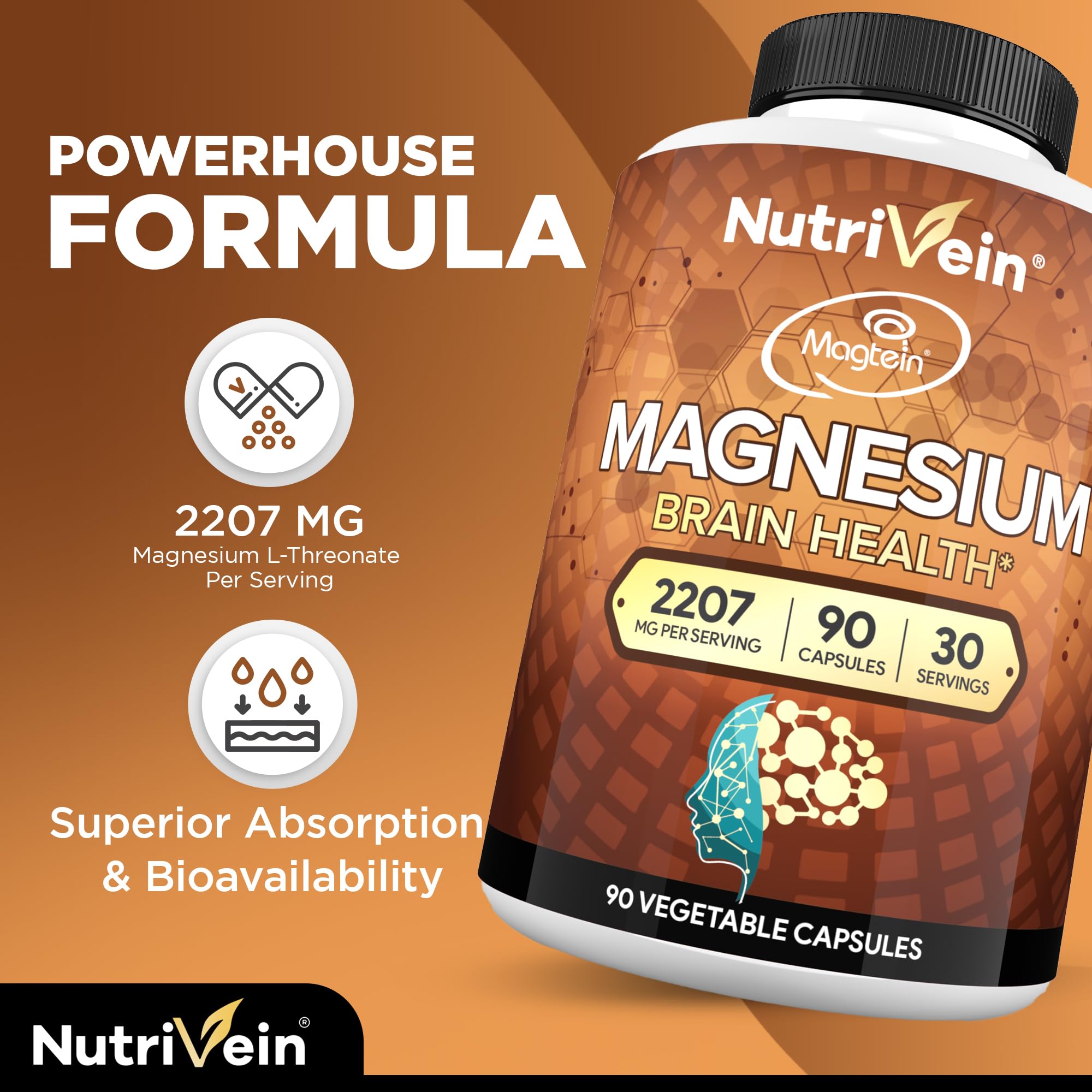 Nutrivein Magtein Magnesium L-Threonate 2207 mg – 90 Capsules | Brain, Sleep & Mood Support