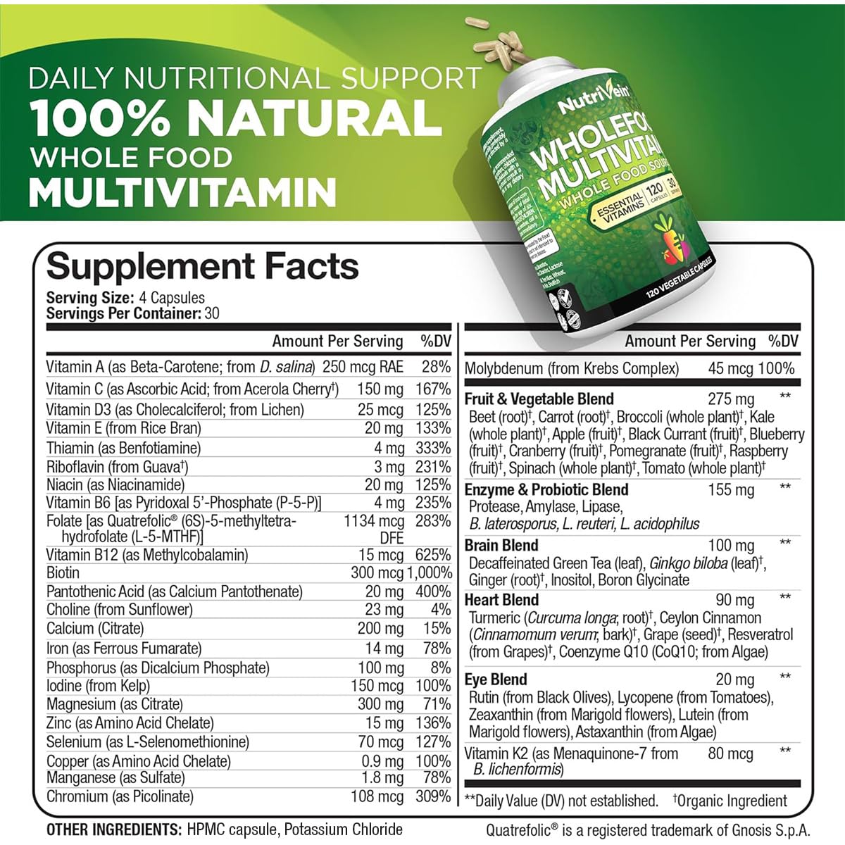 Nutrivein Whole Food Multivitamin for Men & Women – 120 Vegan Caps | Immune, Heart & Energy Support