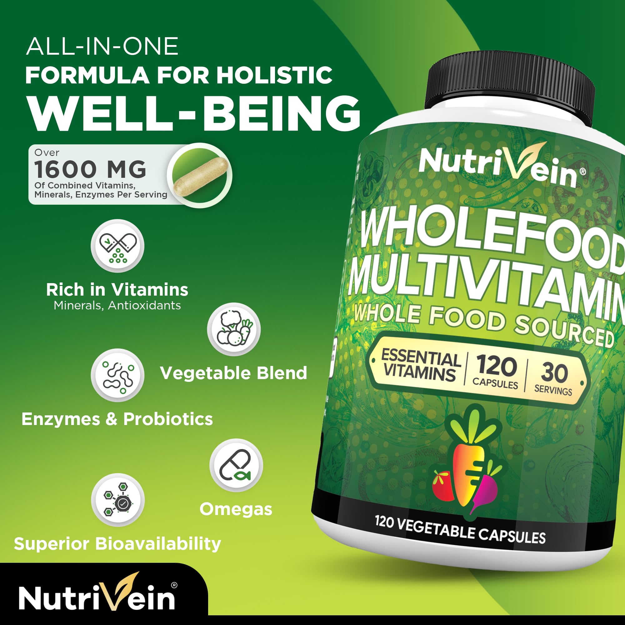 Nutrivein Whole Food Multivitamin for Men & Women – 120 Vegan Caps | Immune, Heart & Energy Support