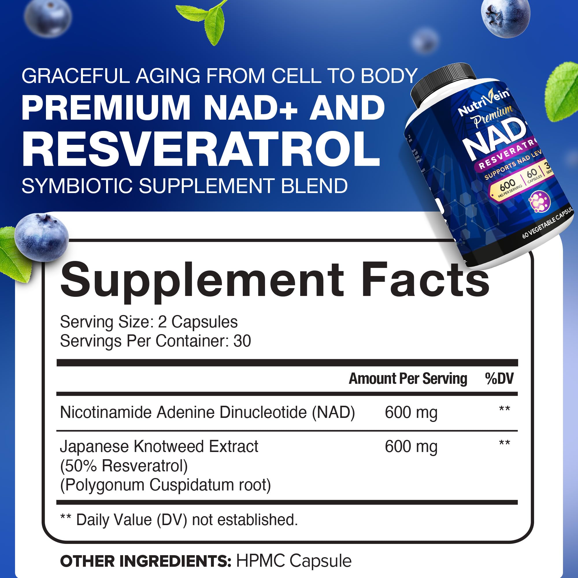 Nutrivein NAD+ + Resveratrol Supplement 600 mg – 60 Capsules (30 Servings) | Aging, Cognition, Metabolism