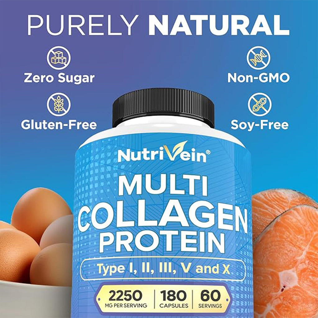 Nutrivein Premium Multi Collagen Pills 2250 mg – 180 Capsules (Type I, II, III, V, X)