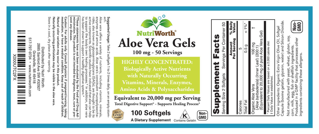 NutriWorth Aloe Vera Supplement (100 Softgels) – 20,000mg Pure Gel Equivalency, Organic Aloe Vera