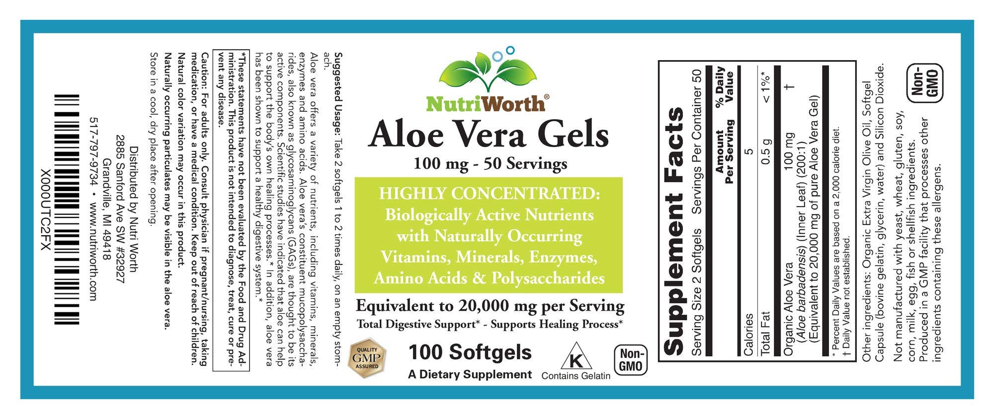 NutriWorth Aloe Vera Supplement (100 Softgels) – 20,000mg Pure Gel Equivalency, Organic Aloe Vera