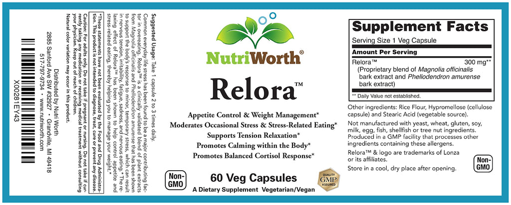 NutriWorth Relora - Stress & Weight Management Supplement. 300MG Vegetable Capsules - 60 Servings per Bottle