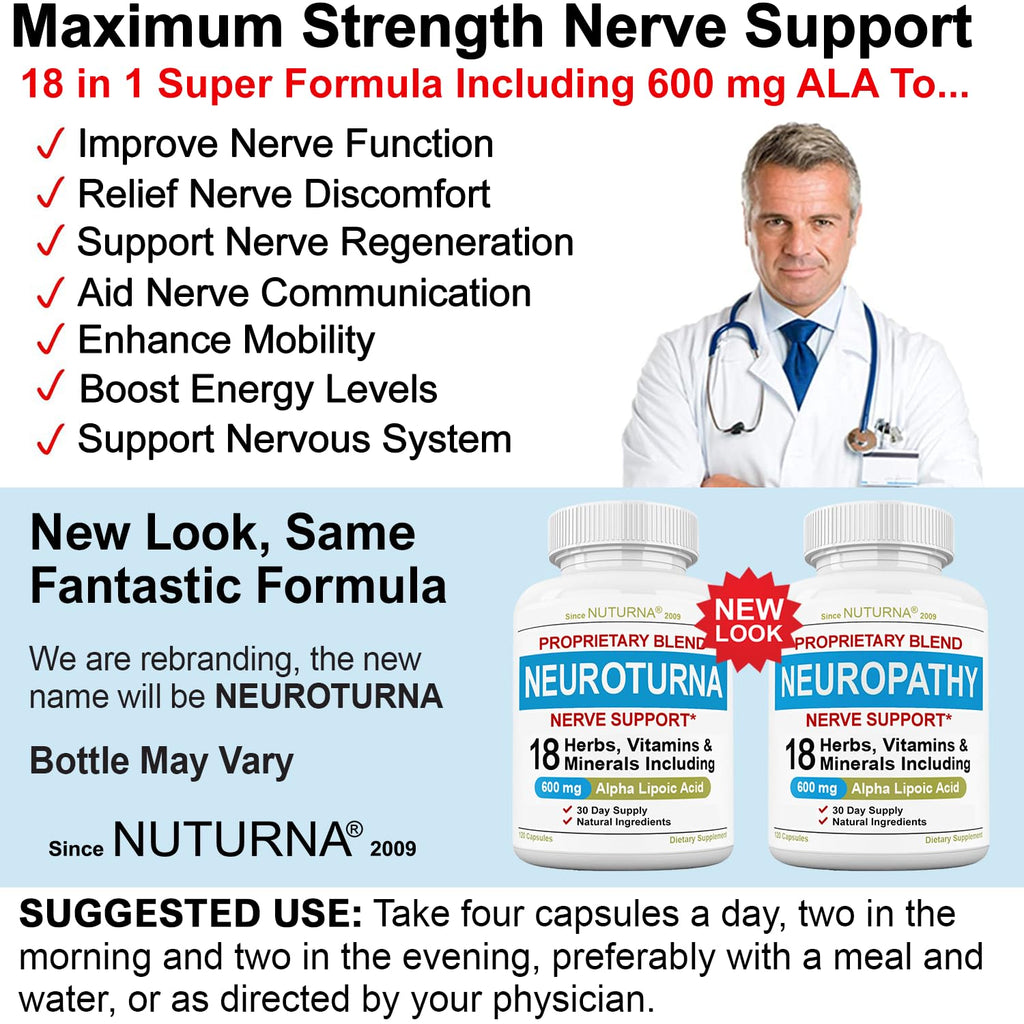 Nuturna Neuropathy Support: 600 mg Alpha Lipoic Acid Maximum Strength Nerve Support - 120 Capsules