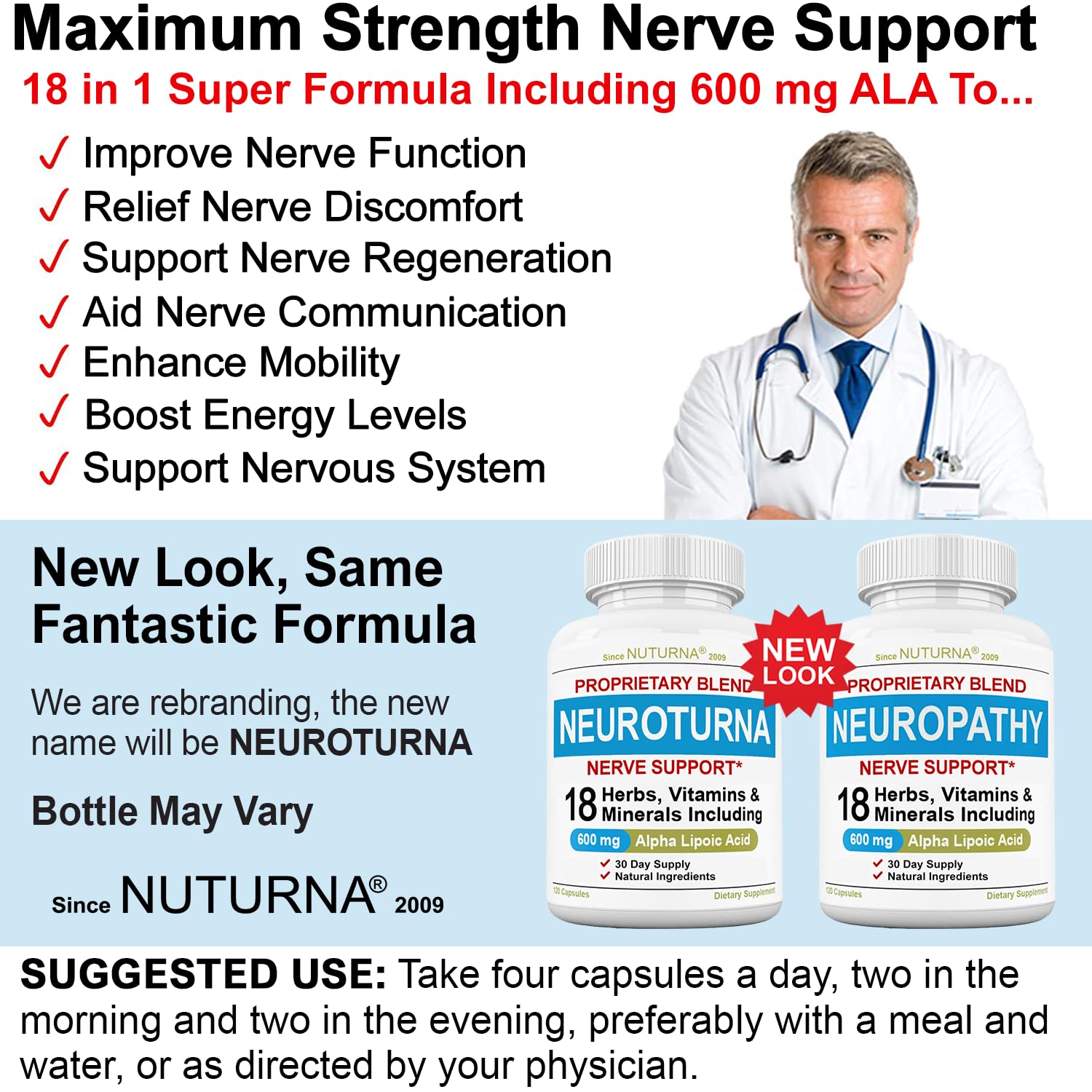 Nuturna Neuropathy Support: 600 mg Alpha Lipoic Acid Maximum Strength Nerve Support - 120 Capsules