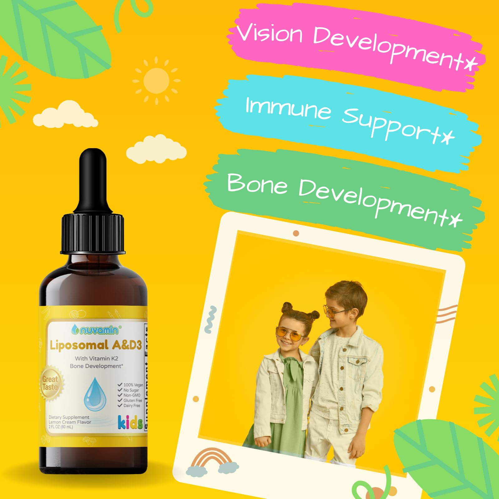 Nuvamin Liposomal Vitamin A & D3 Drops with K2 – Lemon Flavor | 800 IU/mL | 2 oz (60 ml) | For Babies, Toddlers, Kids & Adults